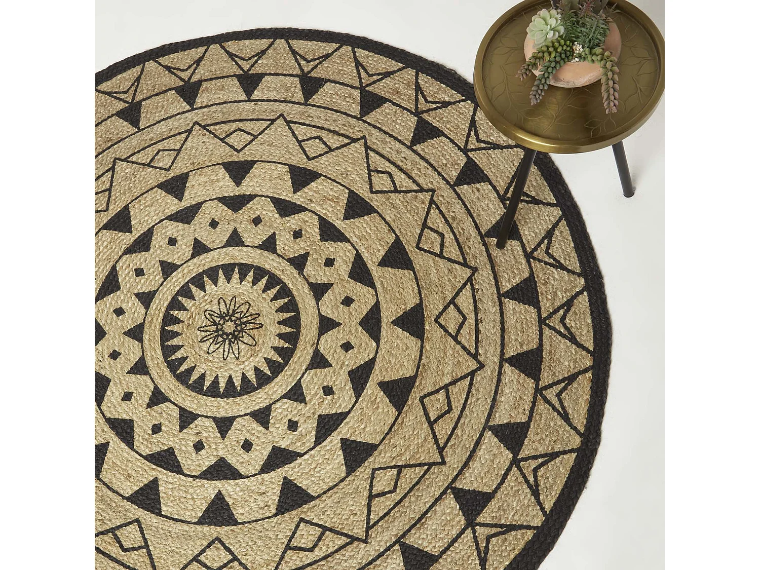 Homescapes Natural & Black Mandala Braided Jute Rug, 200 cm Round