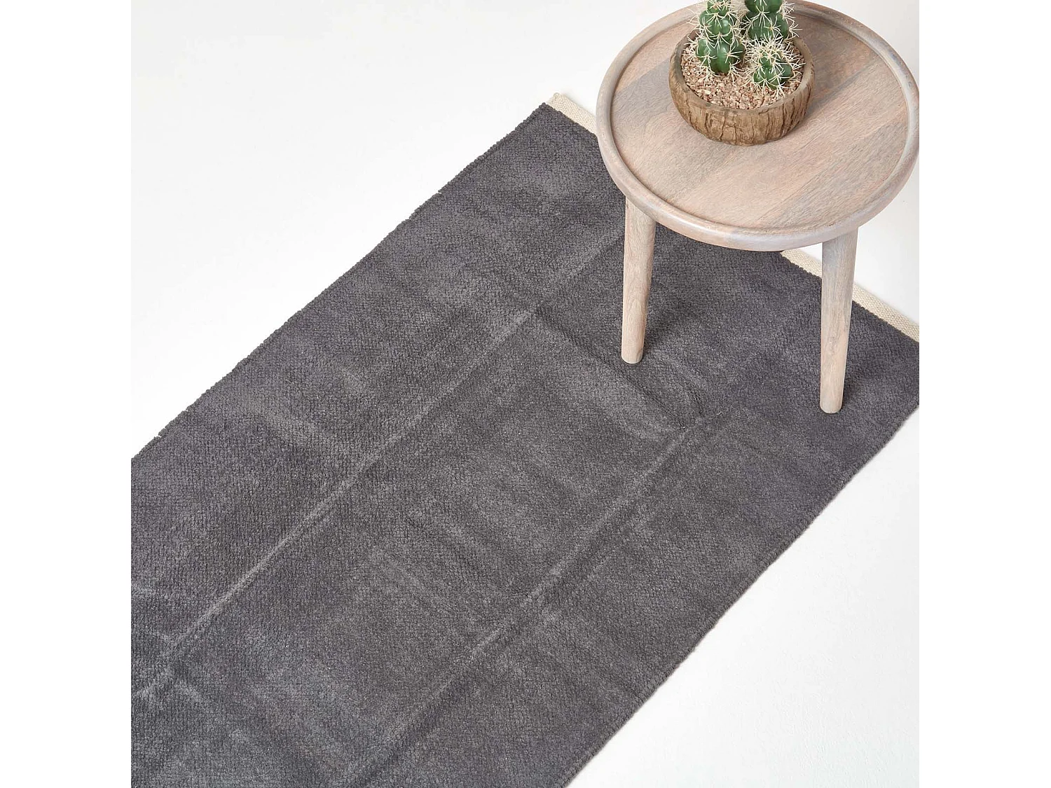 Homescapes Dark Grey 100% Cotton Plain Chenille Rug with Natural Trim, 66 x 200 cm