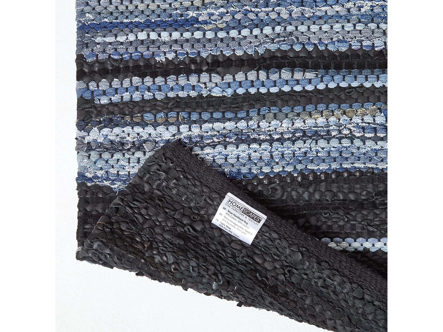 Homescapes Texas Leather & Denim Woven Striped Blue Rug, 90 x 150 cm