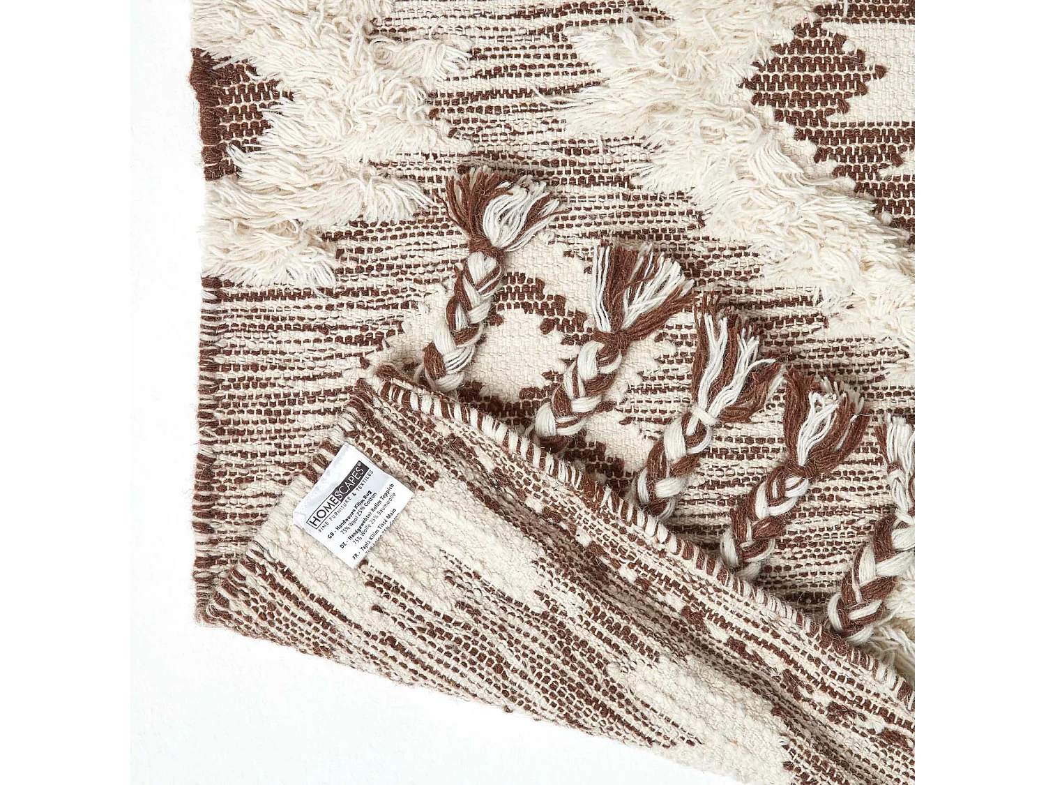 Homescapes Lhasa Handwoven Brown and Cream Textured Diamond Pattern Kilim Wool Rug, 90 x 150 cm