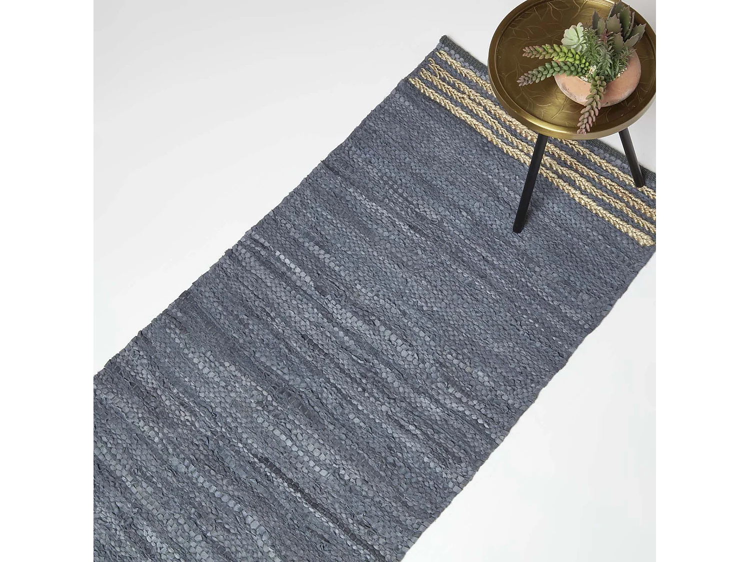 Homescapes Grey Recycled Leather Handwoven Stripe Rug, 66 x 200 cm