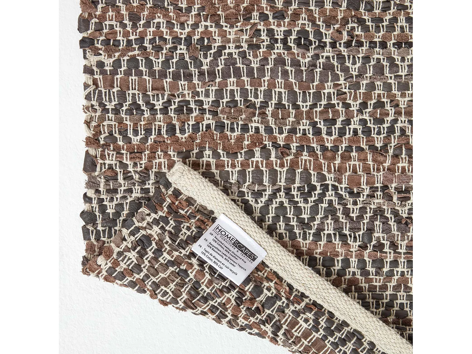 Homescapes Brown Real Leather Handwoven Diamond Pattern Rug, 120 x 180 cm