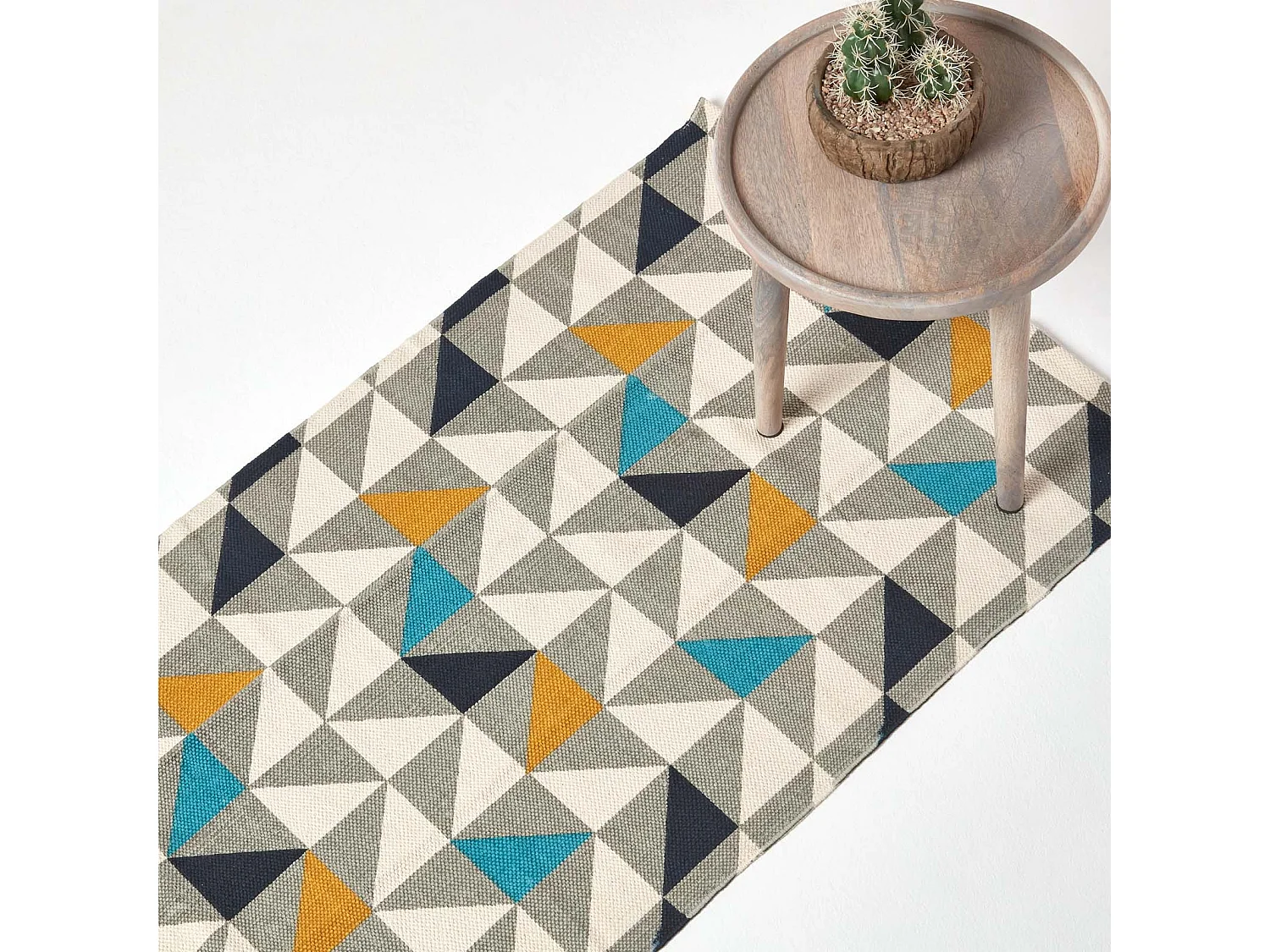 Homescapes Copenhagen Blue, Yellow and Grey 100% Cotton Geometric Style Scandi Printed Rug, 66 x 200 cm