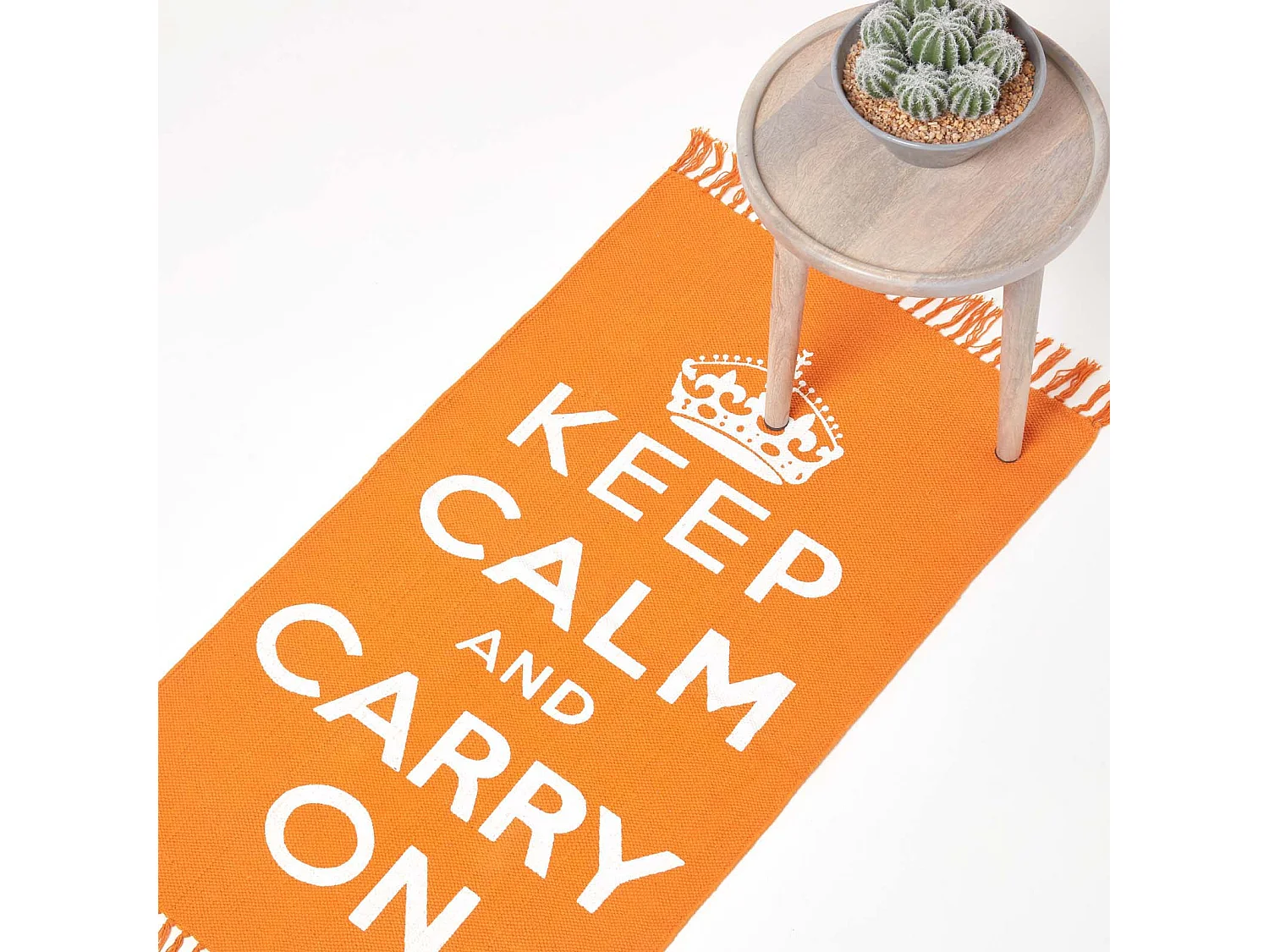 Homescapes Keep  Calm And Carry On Handwoven 100% Cotton Rug in Orange & White, 60 x 100 cm