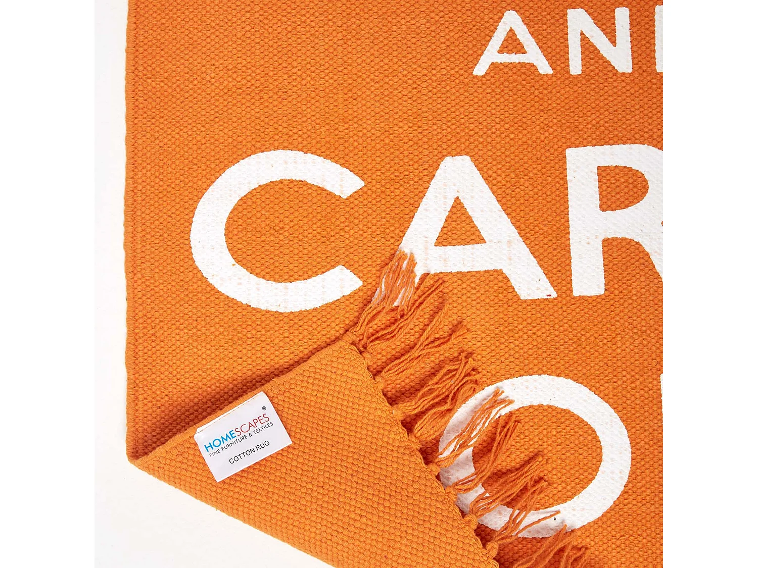 Homescapes Keep  Calm And Carry On Handwoven 100% Cotton Rug in Orange & White, 60 x 100 cm