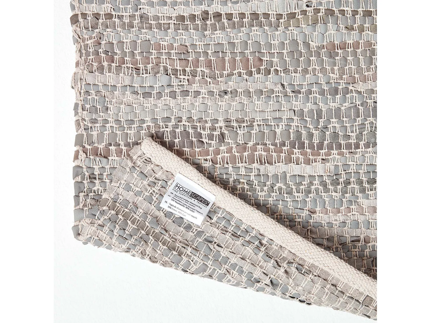 Homescapes Grey Real Leather Handwoven Diamond Pattern Rug, 90 x 150 cm