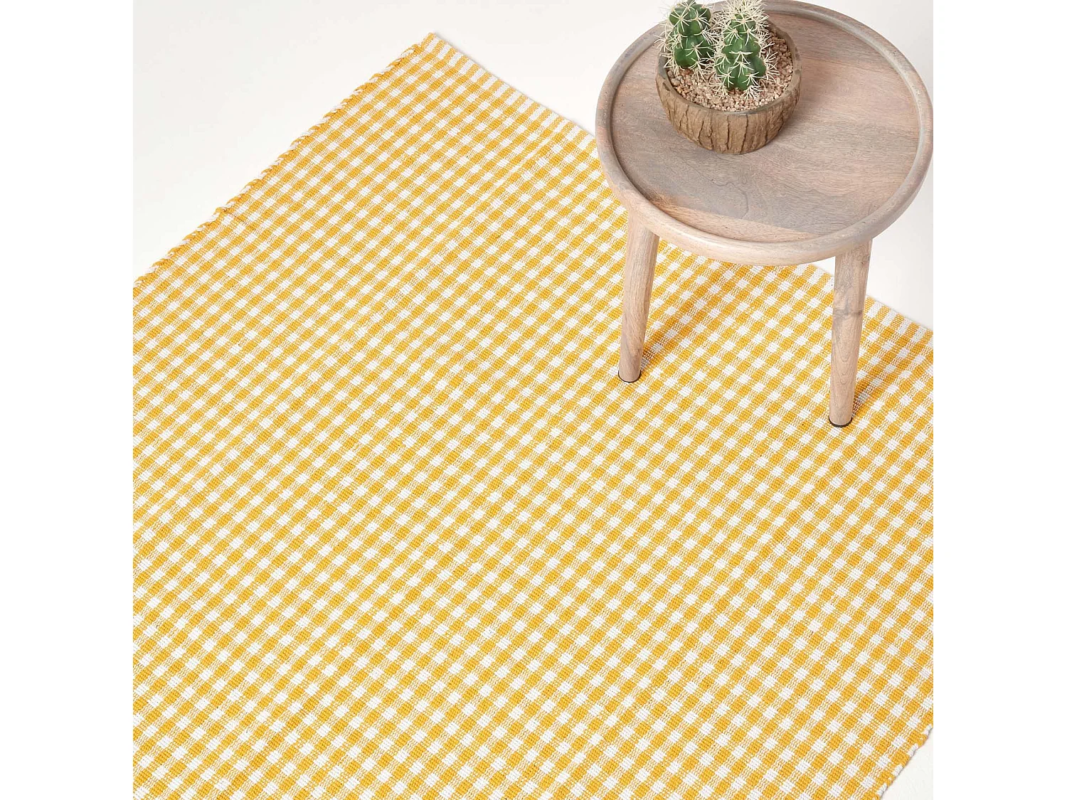 Homescapes Cotton Gingham Check Rug Hand Woven Yellow White, 60 x 90 cm