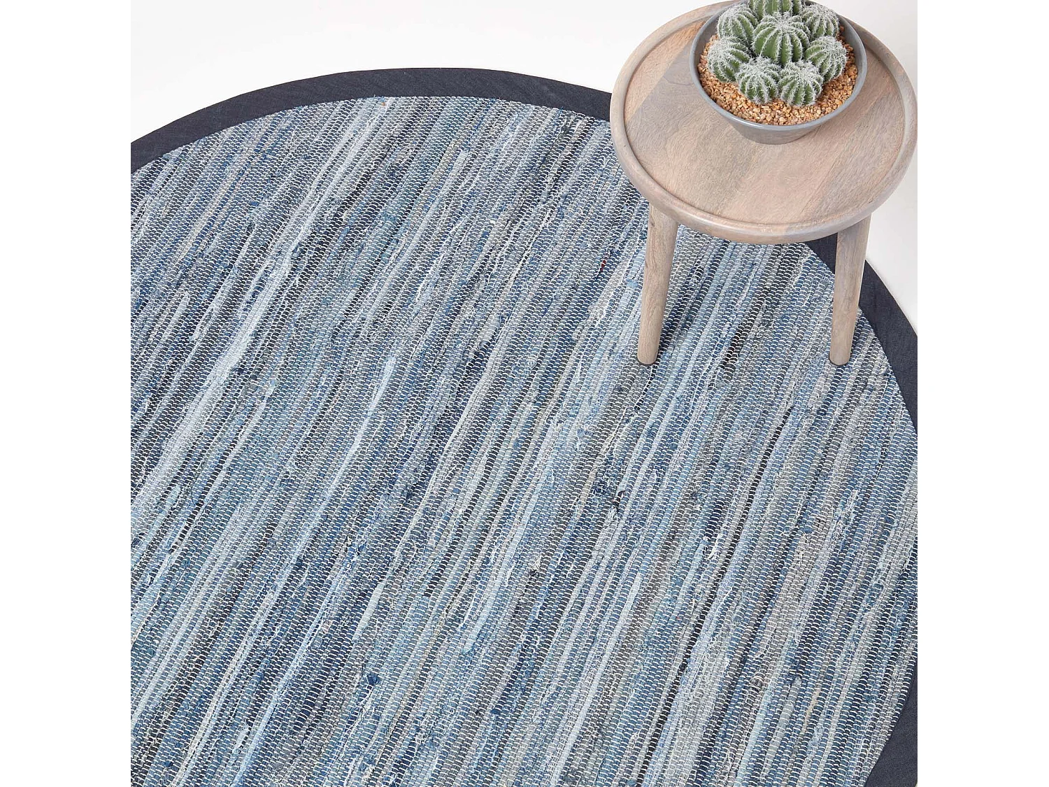 Homescapes Blue Denim Handwoven Striped Chindi Large Round Rug