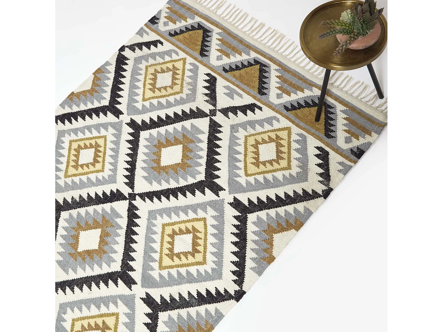 Homescapes Agra Handwoven Ochre Gold, Silver Grey and Black Diamond Pattern Kilim Wool Rug, 120 x 170 cm