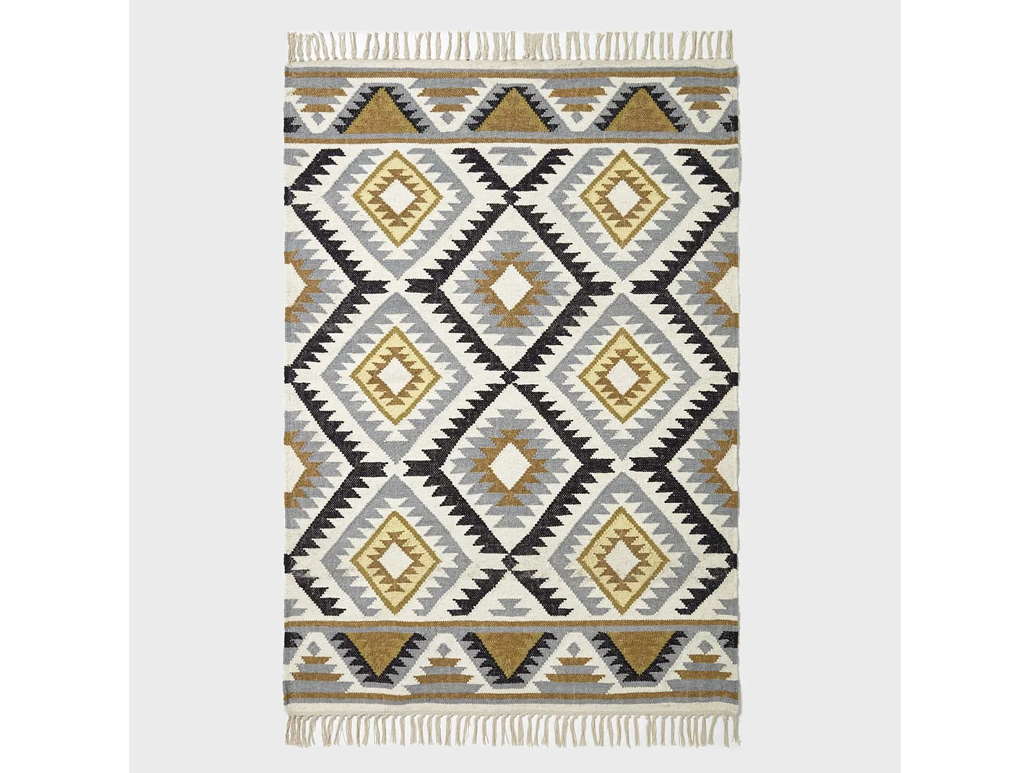 Homescapes Agra Handwoven Ochre Gold, Silver Grey and Black Diamond Pattern Kilim Wool Rug, 120 x 170 cm