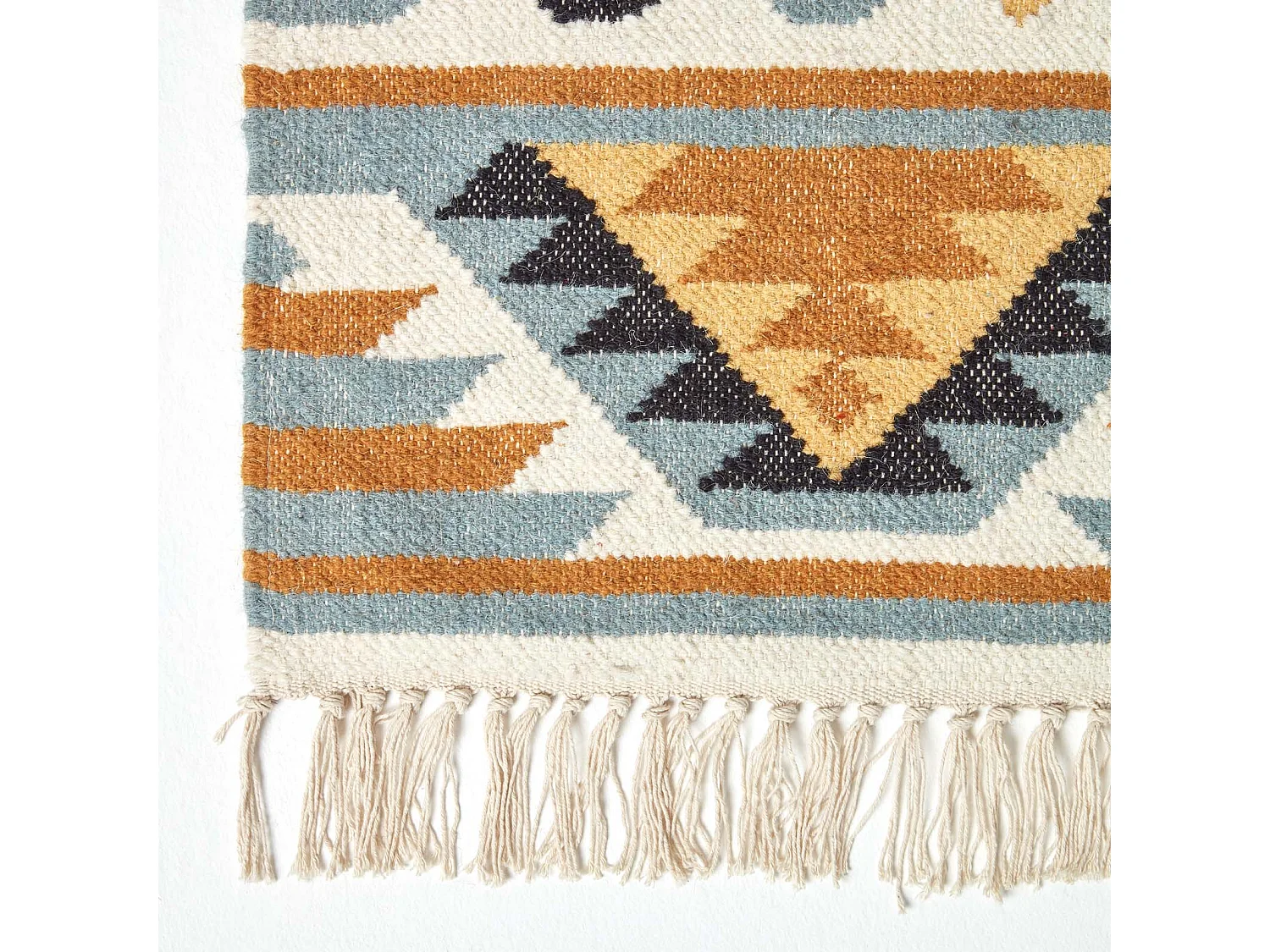 Homescapes Agra Handwoven Ochre Gold, Silver Grey and Black Diamond Pattern Kilim Wool Rug, 120 x 170 cm