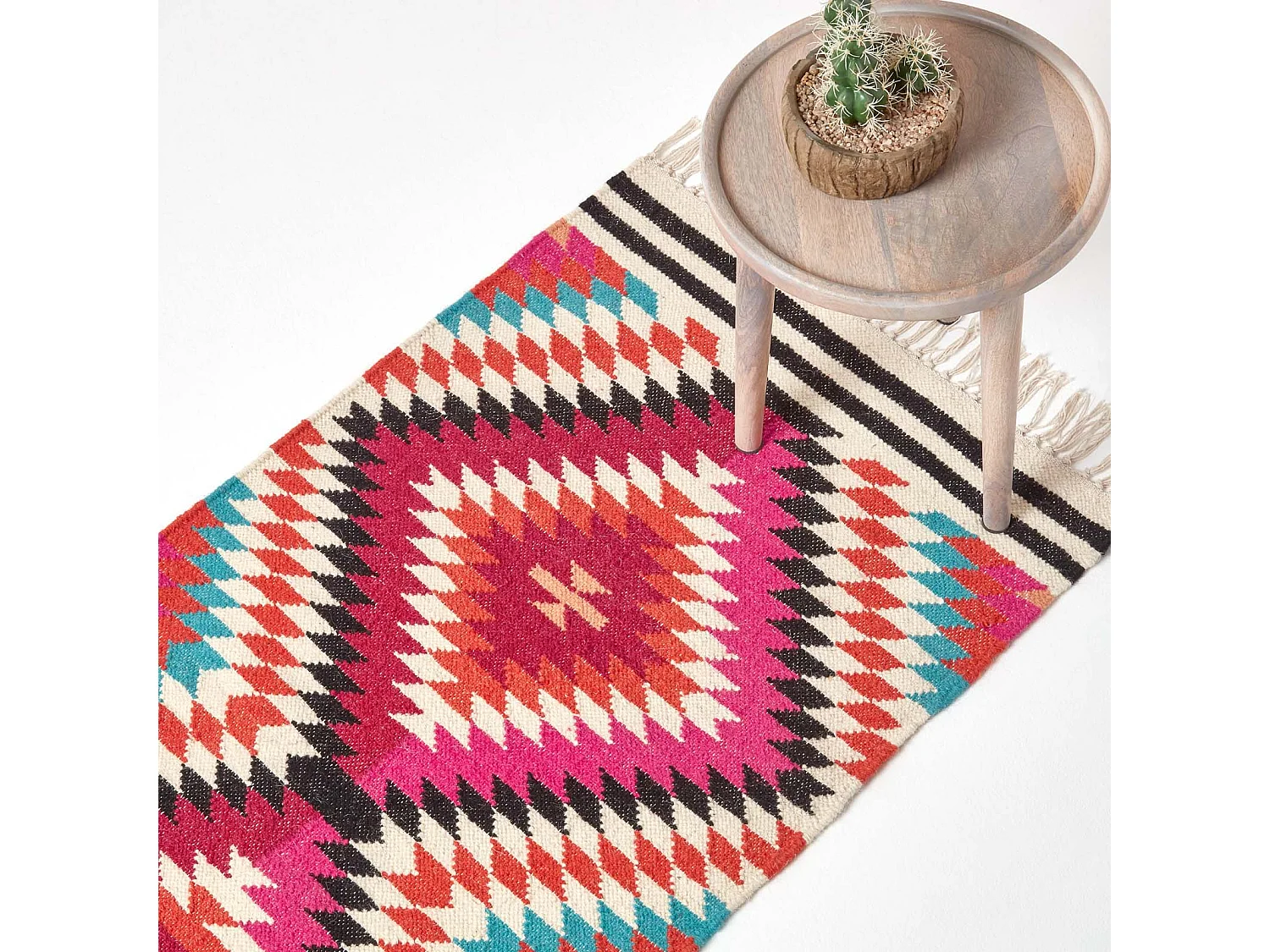 Homescapes Manila Handwoven Pink, Orange and White Multi Coloured Diamond Patterned Kilim Wool Rug, 66 x 200 cm