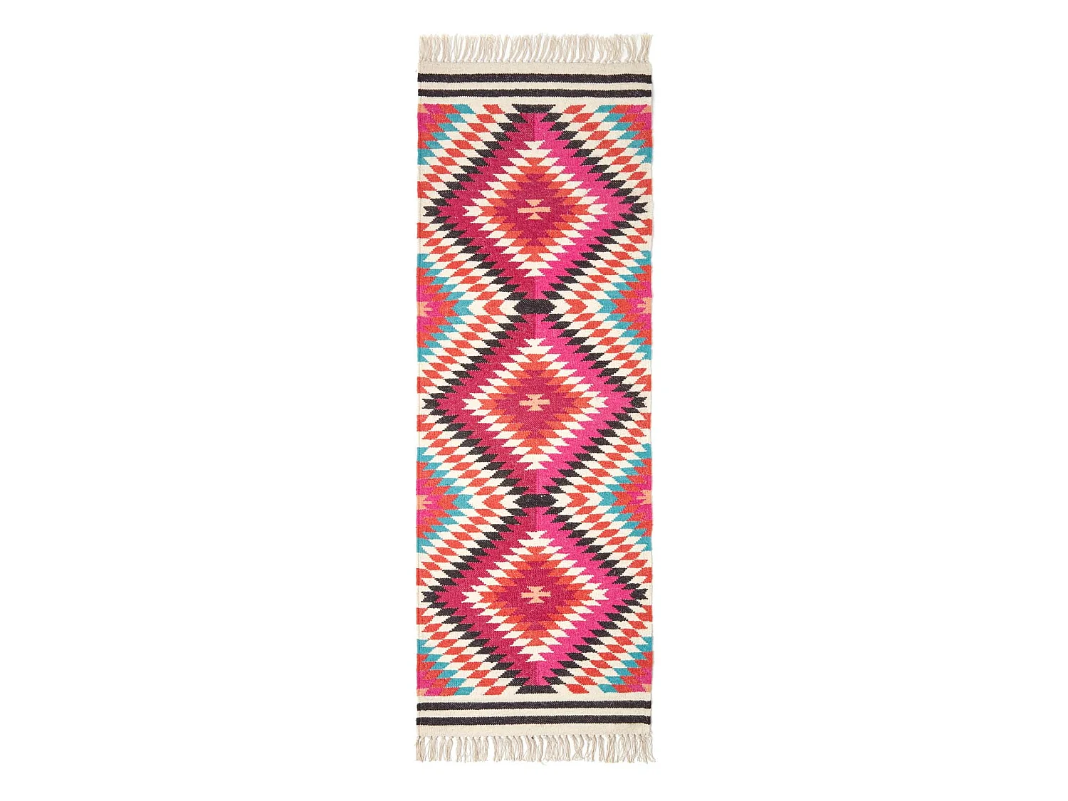 Homescapes Manila Handwoven Pink, Orange and White Multi Coloured Diamond Patterned Kilim Wool Rug, 66 x 200 cm