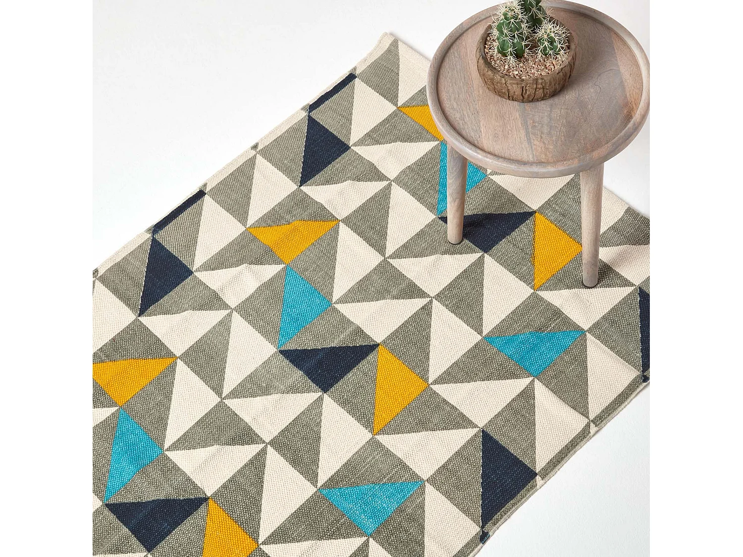 Homescapes Copenhagen Blue, Yellow and Grey 100% Cotton Geometric Style Scandi Printed Rug, 160 x 230 cm