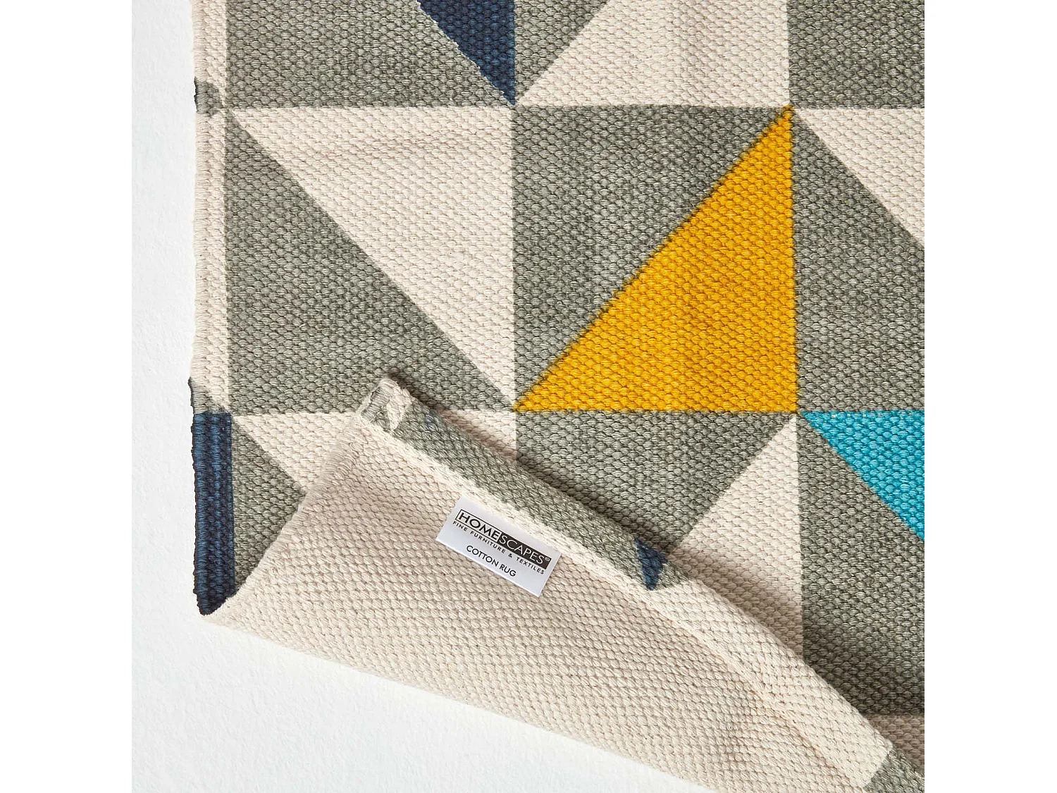 Homescapes Copenhagen Blue, Yellow and Grey 100% Cotton Geometric Style Scandi Printed Rug, 160 x 230 cm