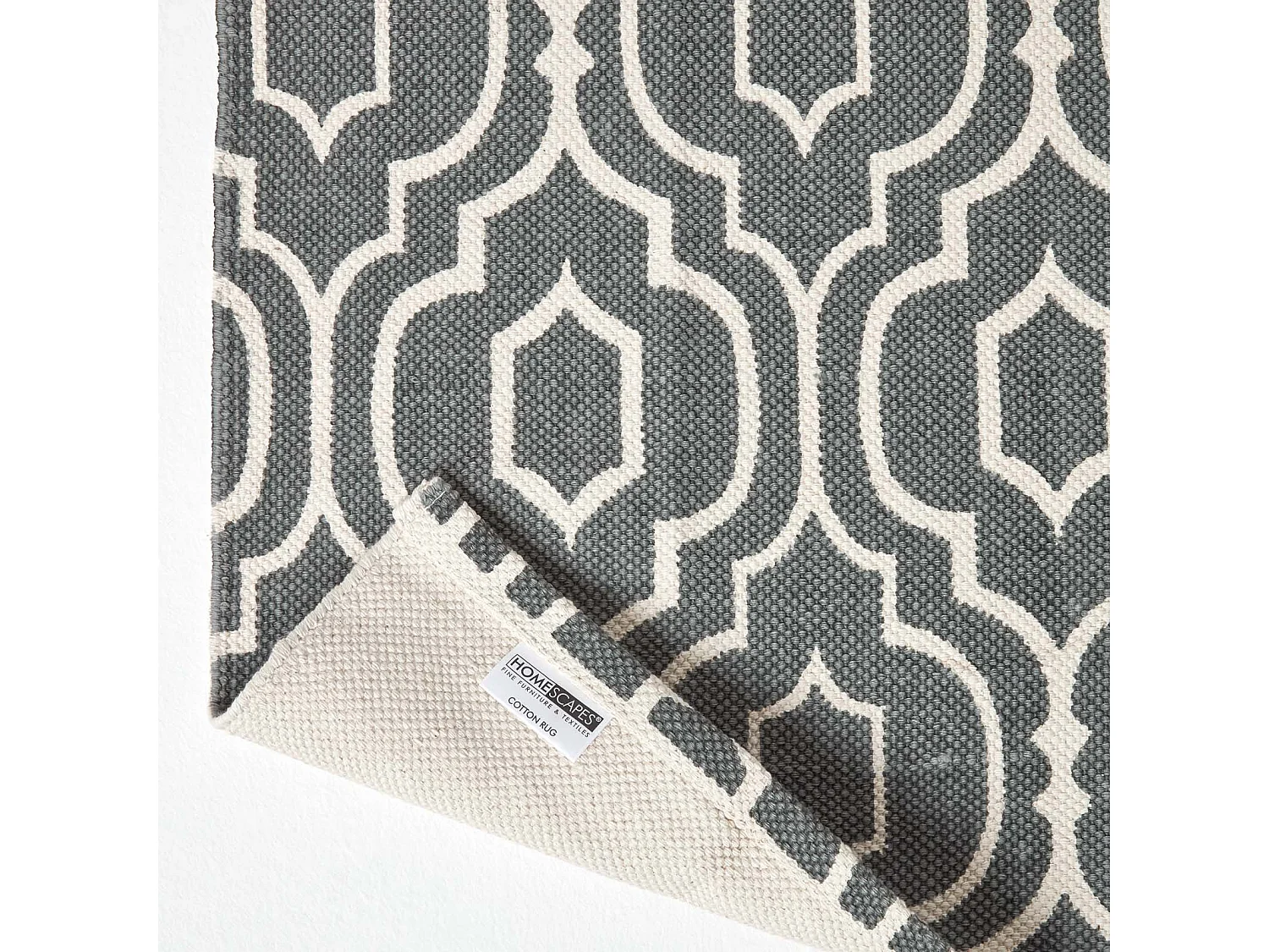 Homescapes Riga Grey and White 100% Cotton Printed Patterned Rug, 90 x 150 cm