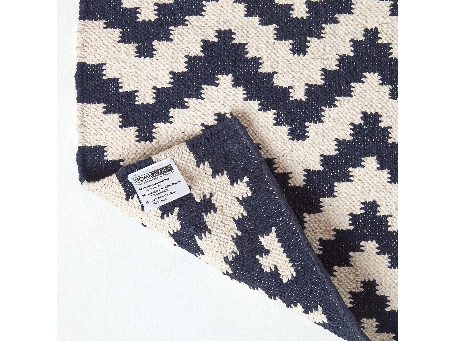 Homescapes Casablanca Handwoven Zig Zag Pattern Dark Blue and White 100% Cotton Kilim Rug, 90 x 150 cm