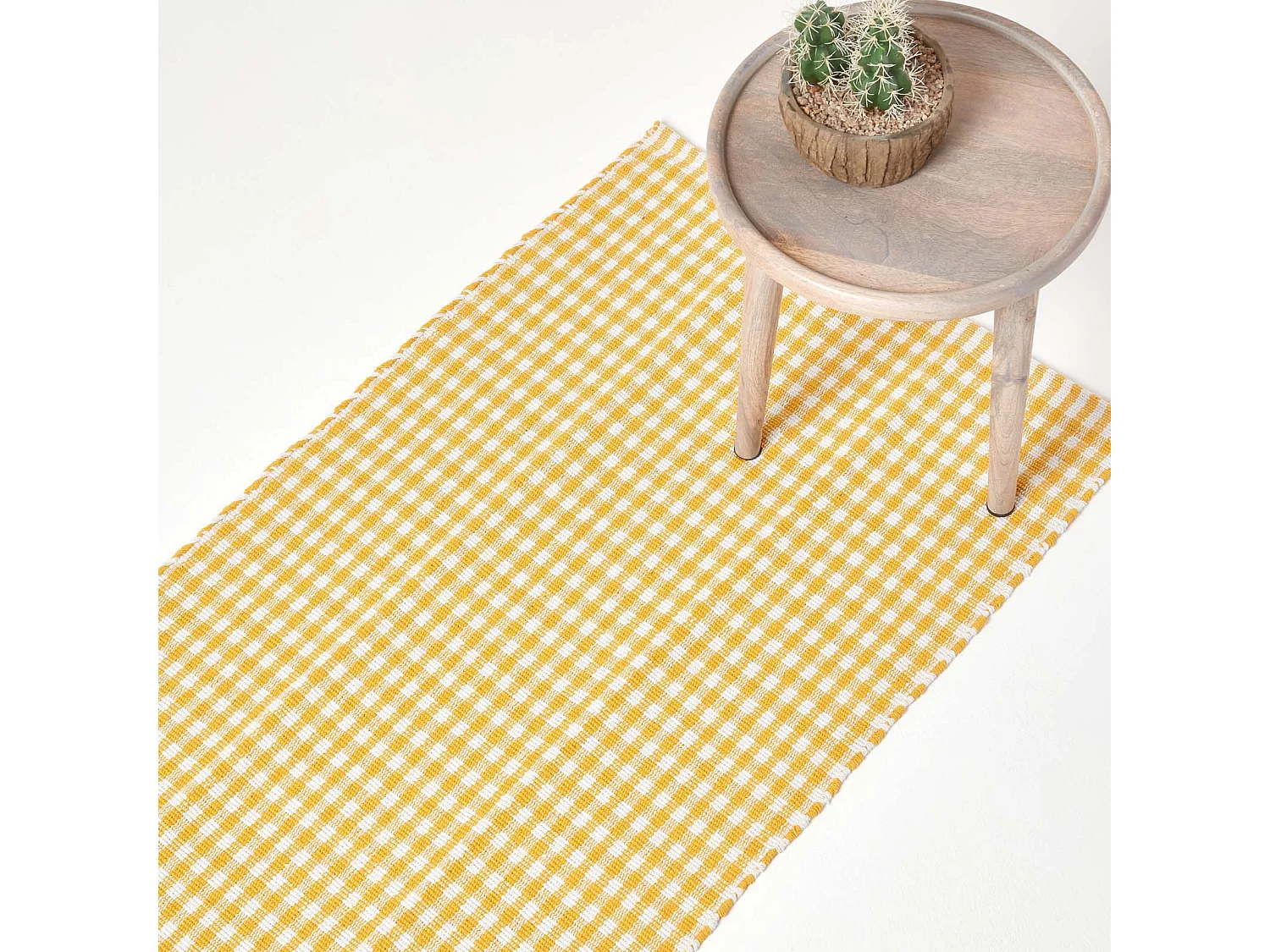 Homescapes Cotton Gingham Check Rug Hand Woven Yellow White, 66 x 200 cm