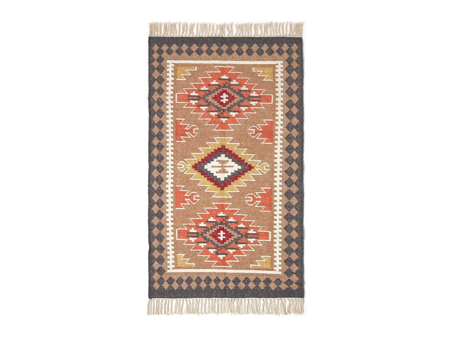 Homescapes Jaipur Handwoven Brown and Orange Patterned Kilim Wool Rug, 120 x 170 cm