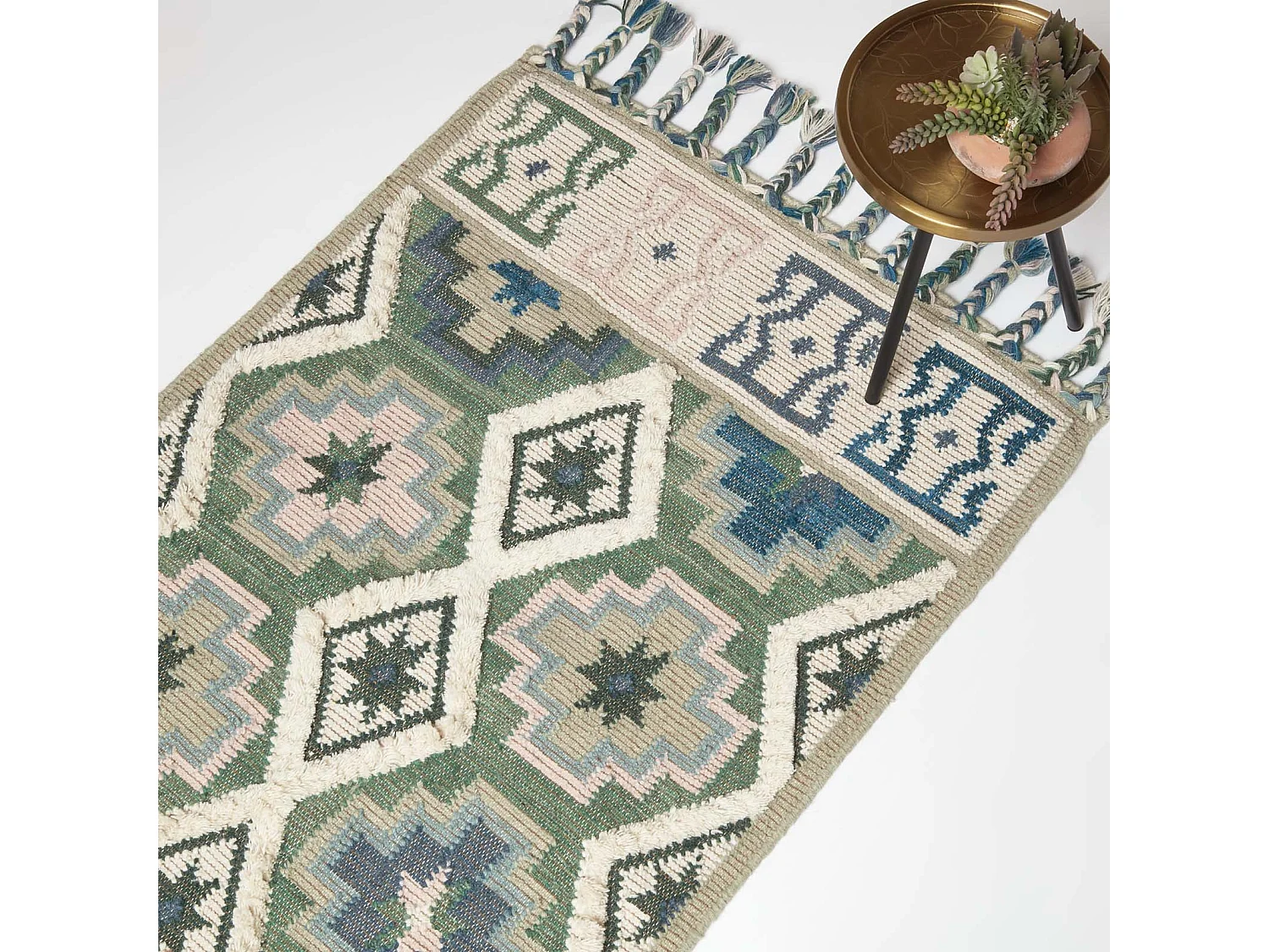 Homescapes Matala Green & Blue Kilim Wool Rug 160 x 230 cm