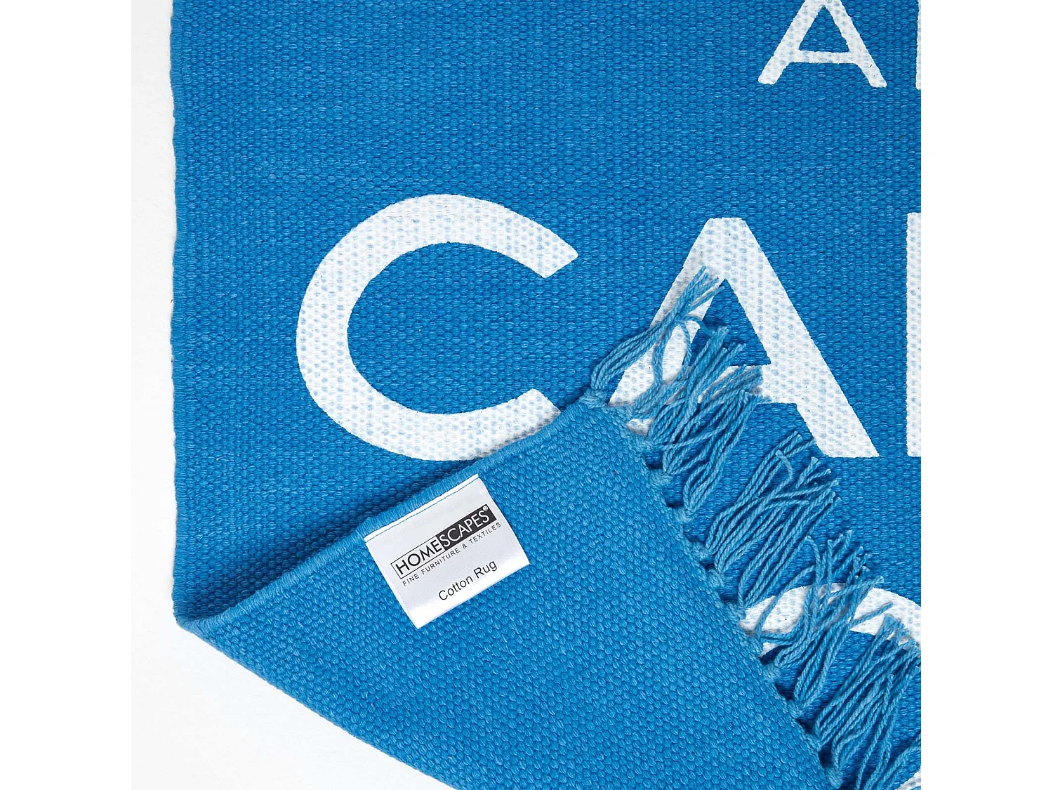 Homescapes Keep  Calm And Carry On Handwoven 100% Cotton Rug in Blue & White, 60 x 100 cm