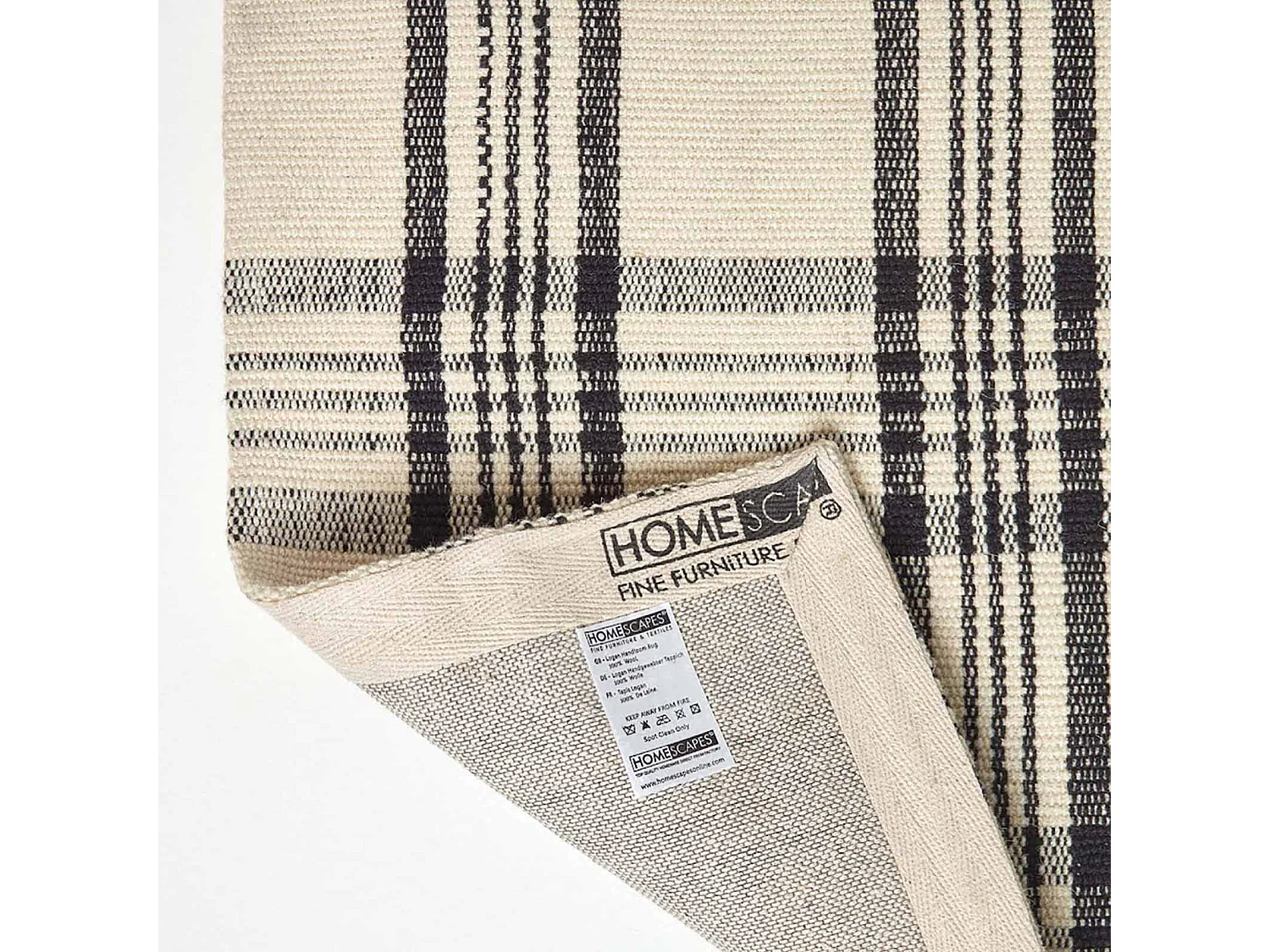 Homescapes Logan Black and White Tartan Check Non-Slip 100% Wool Rug, 150 x 240 cm