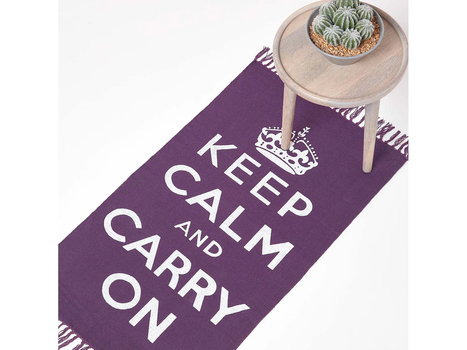 Homescapes Keep  Calm And Carry On Handwoven 100% Cotton Rug in Purple & White, 60 x 100 cm