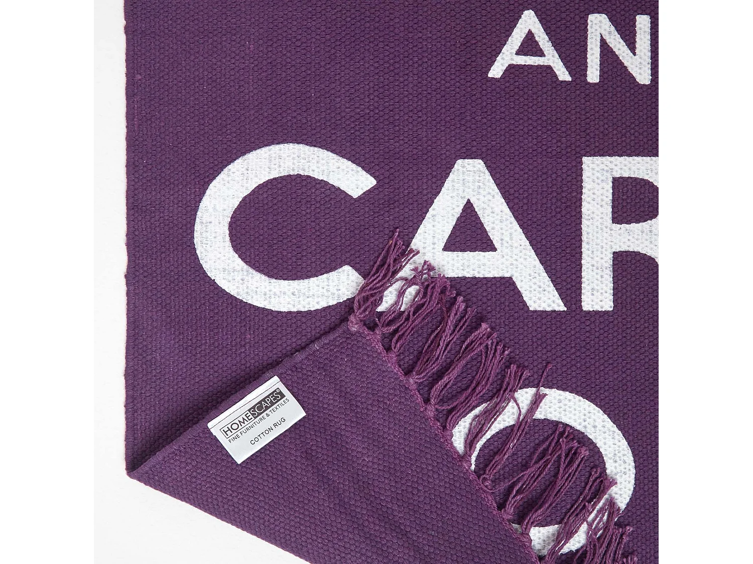 Homescapes Keep  Calm And Carry On Handwoven 100% Cotton Rug in Purple & White, 60 x 100 cm