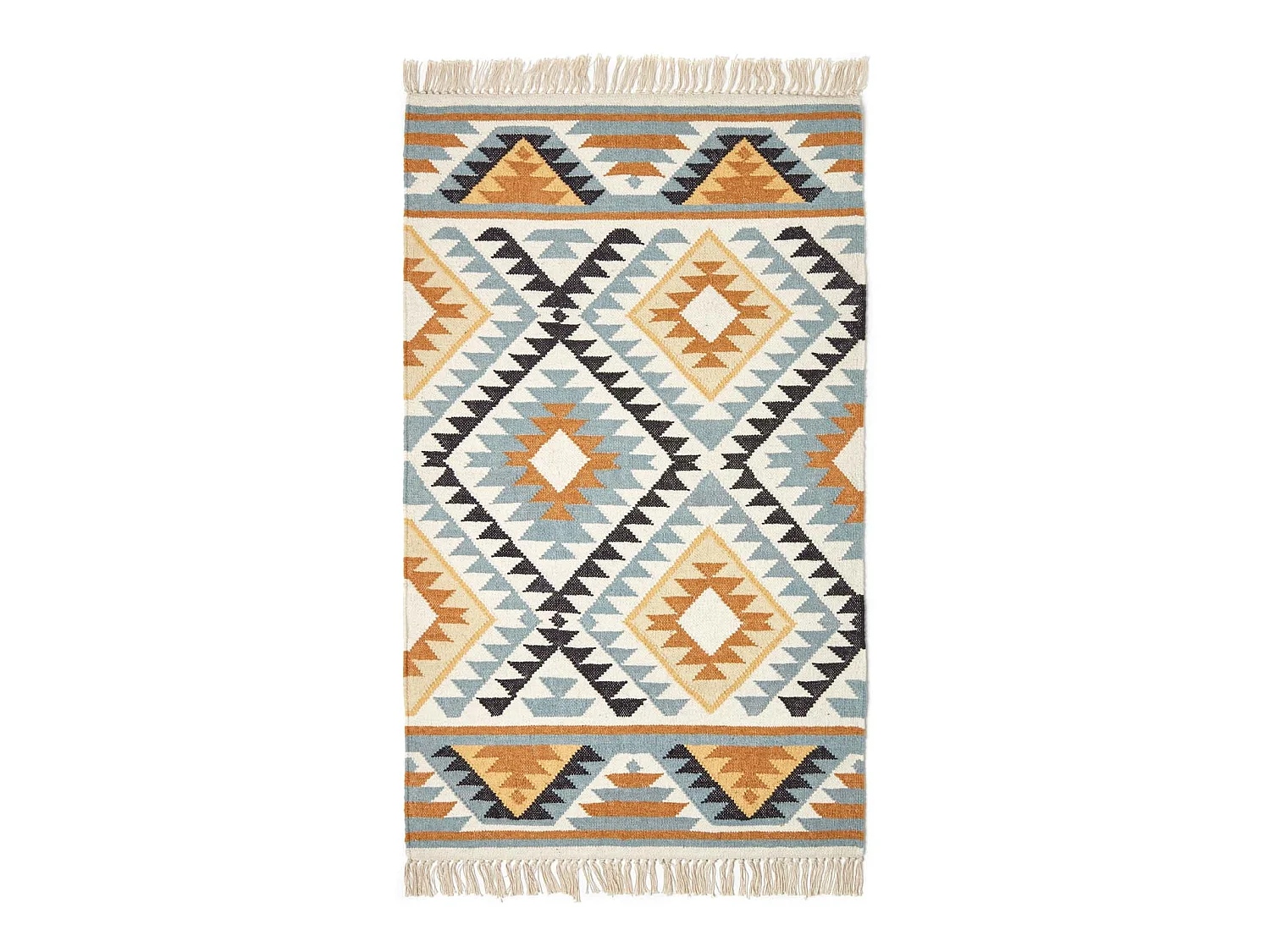 Homescapes Agra Handwoven Ochre Gold, Silver Grey and Black Diamond Pattern Kilim Wool Rug, 160 x 230 cm