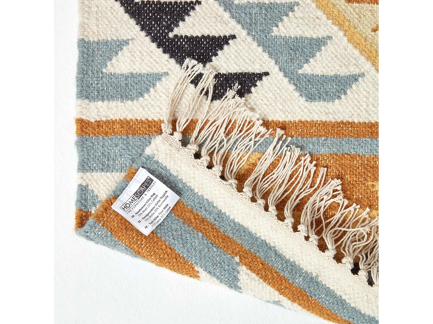 Homescapes Agra Handwoven Ochre Gold, Silver Grey and Black Diamond Pattern Kilim Wool Rug, 160 x 230 cm