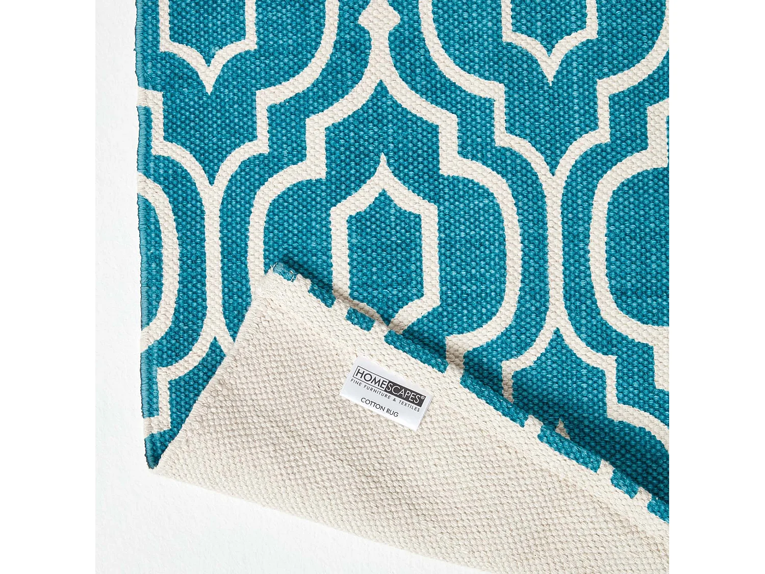 Homescapes Riga Teal and White 100% Cotton Printed Patterned Rug, 90 x 150 cm