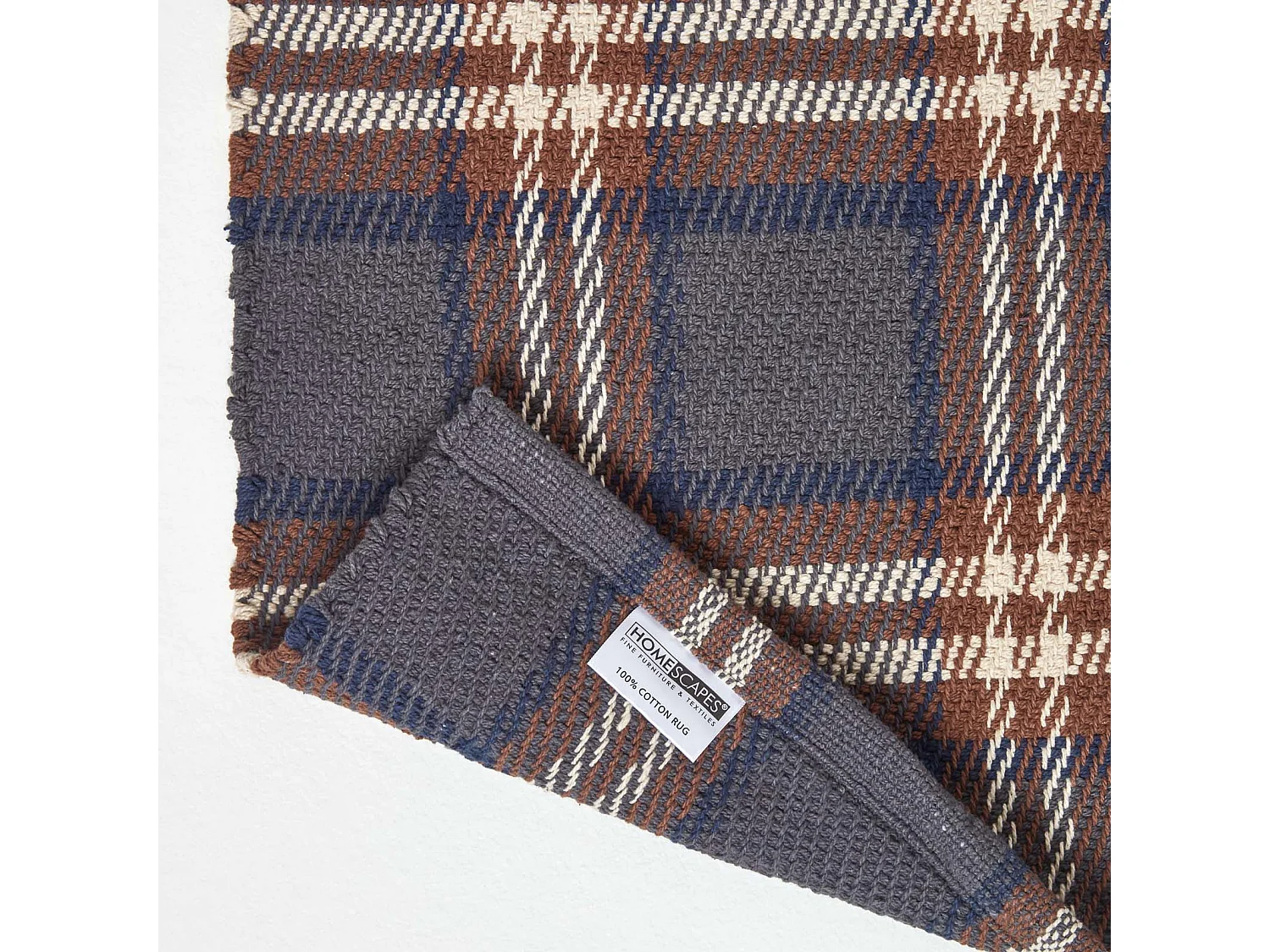 Homescapes Hamilton Handwoven Grey and Brown Tartan 100% Cotton Rug, 66 x 200 cm