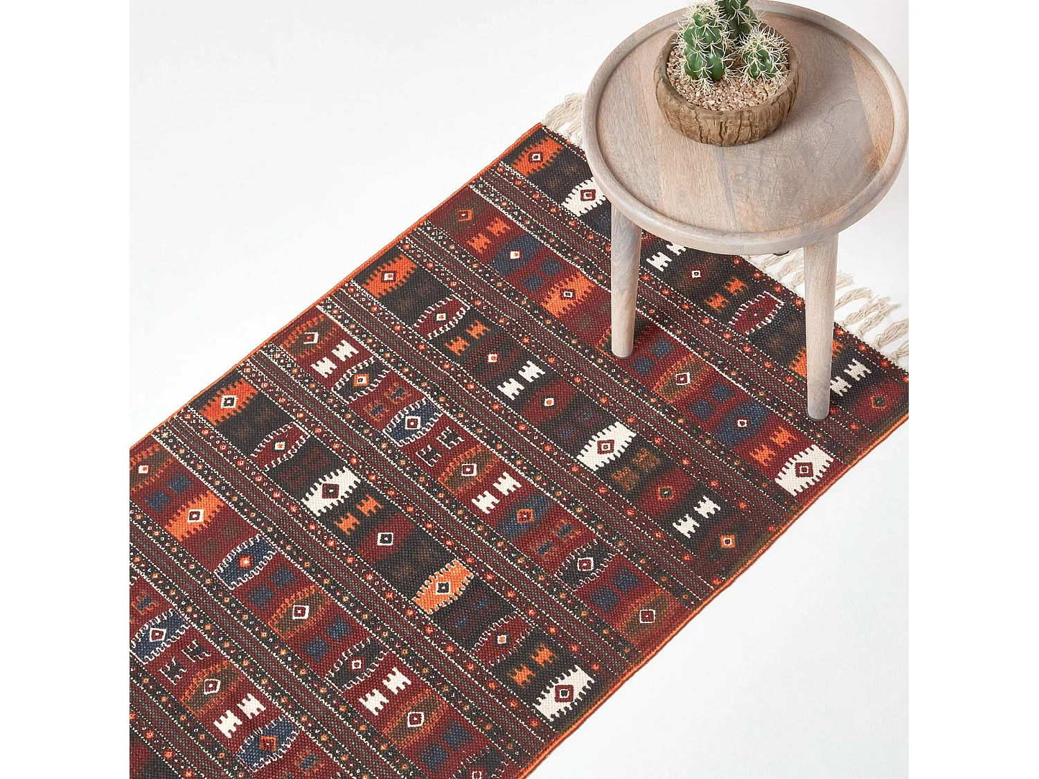 Homescapes Cotton Kilim Printed Rug Terracotta,Black and Brown Design,66 x 200 cm