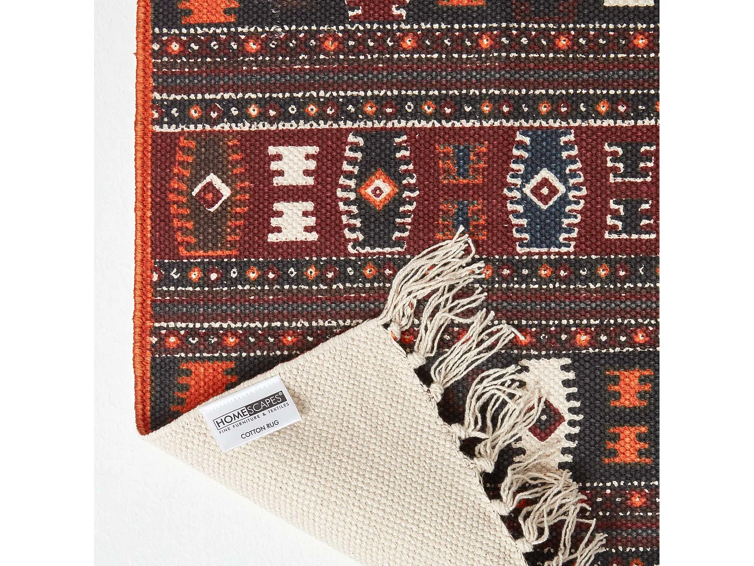 Homescapes Cotton Kilim Printed Rug Terracotta,Black and Brown Design,66 x 200 cm