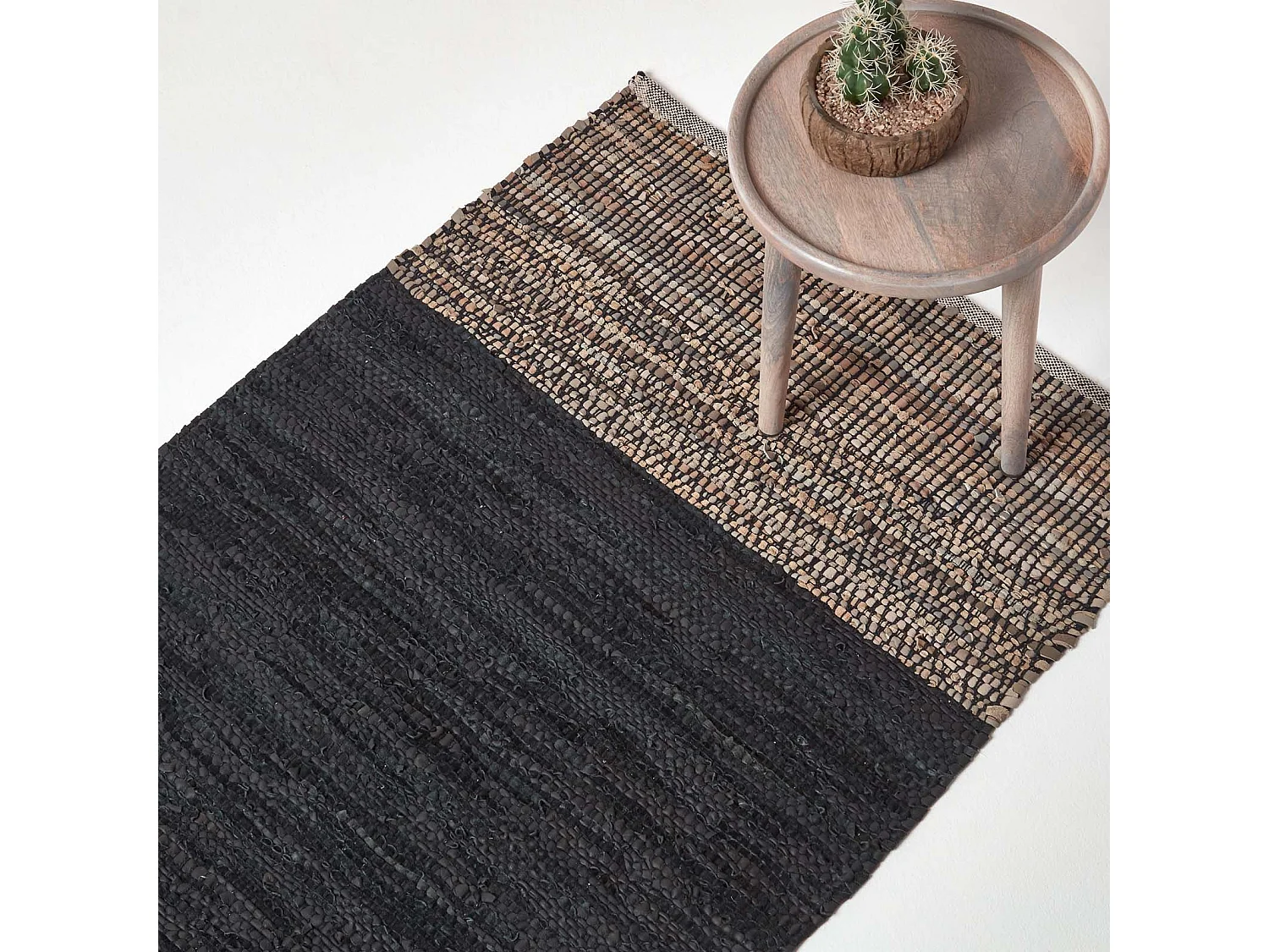 Homescapes Black Recycled Leather Handwoven Herringbone Rug, 120 x 180 cm