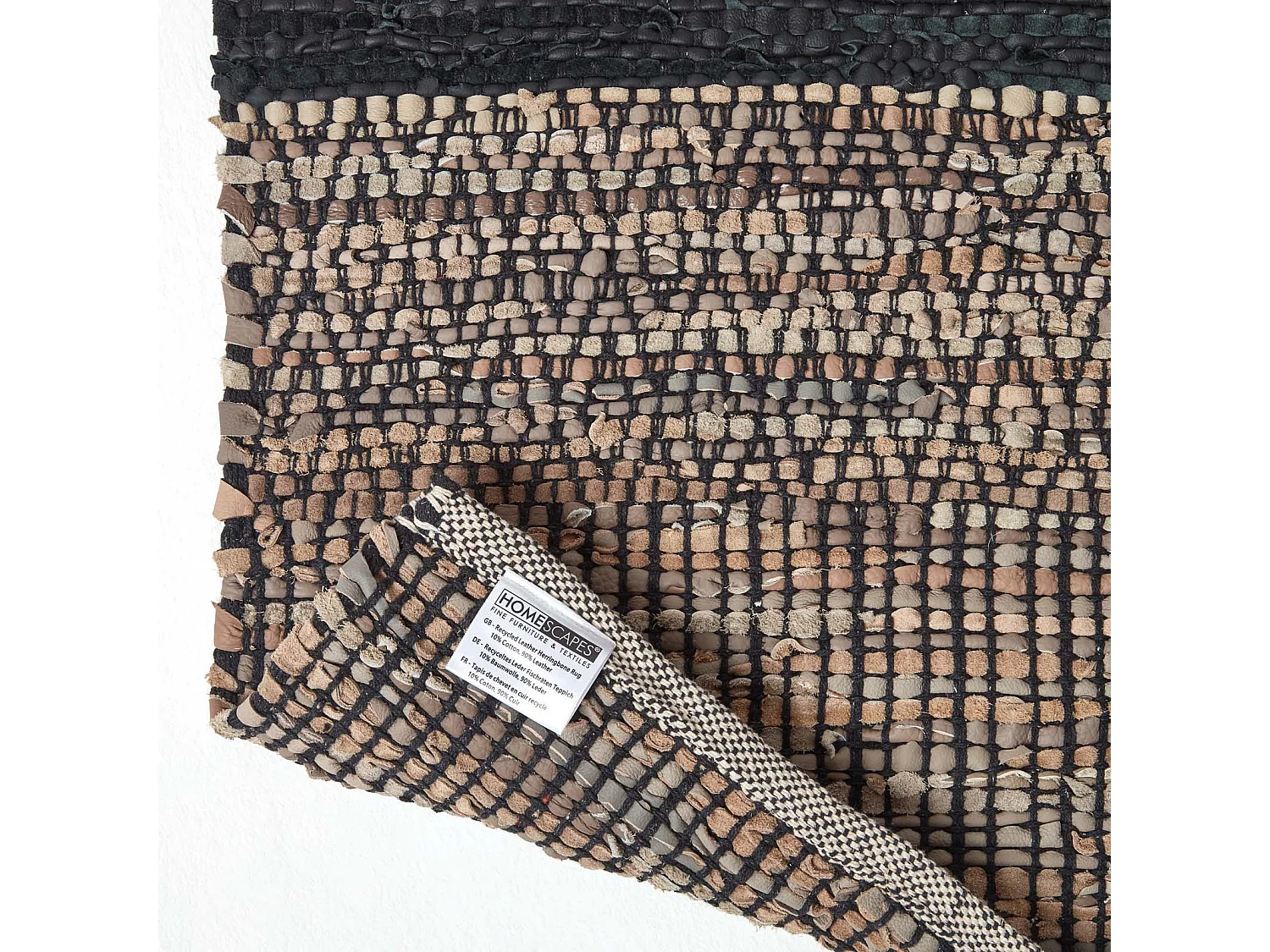 Homescapes Black Recycled Leather Handwoven Herringbone Rug, 120 x 180 cm