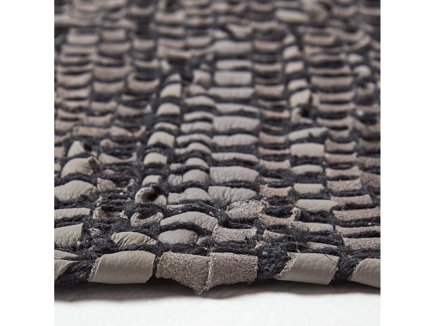 Homescapes Grey Recycled Leather Handwoven Herringbone Rug, 90 x 150 cm