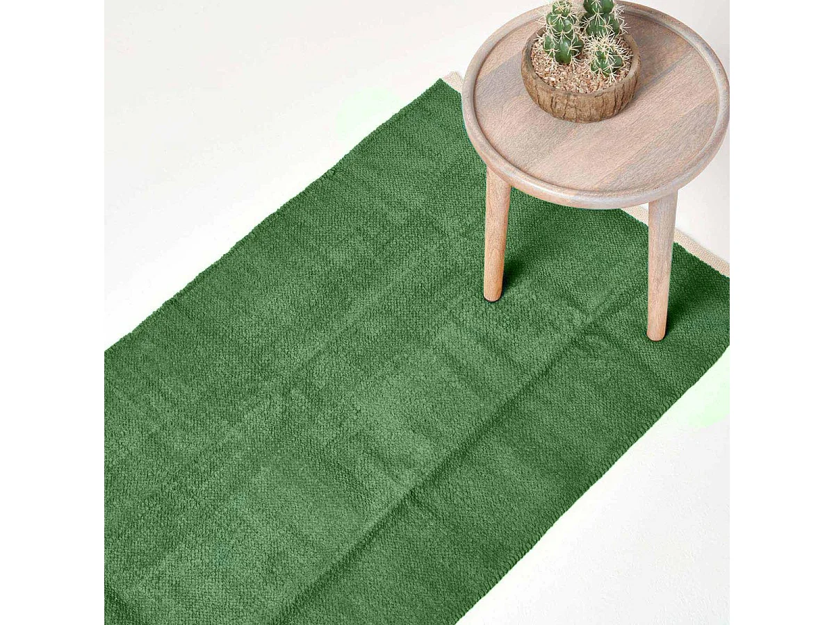 Homescapes Dark Olive 100% Cotton Plain Chenille Rug with Natural Trim, 66 x 200 cm