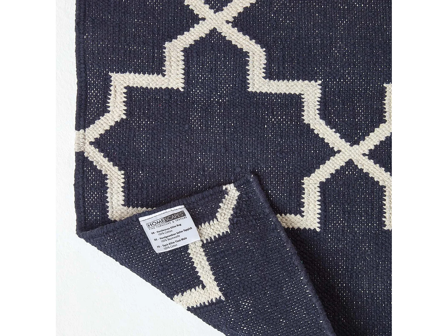 Homescapes Edmonton Navy Blue and White 100% Cotton Geometric Pattern KIlim Rug, 66 x 200 cm