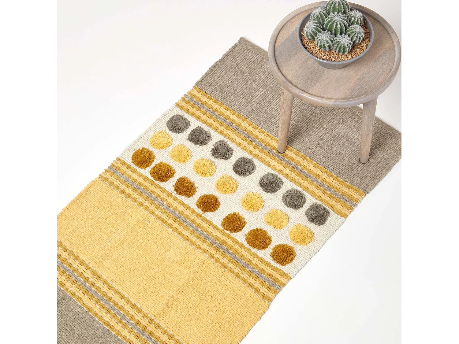 Homescapes Cotton Chenille Striped Tufted Circle Rug Grey Mustard Yellow 66 x 200cm
