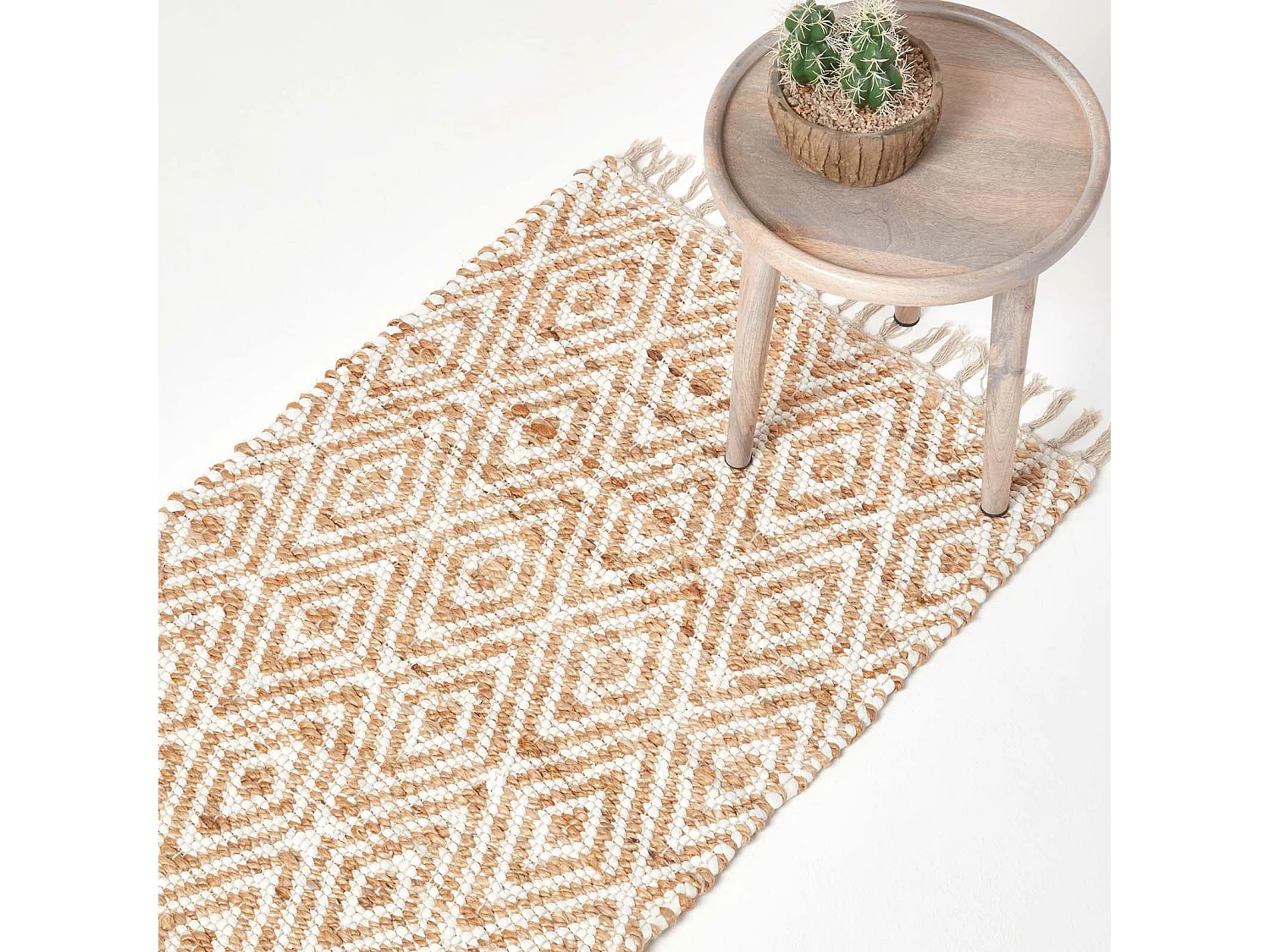 Homescapes Sierra Neutral Diamond Pattern Hemp Chindi Rug, 66 x 200 cm