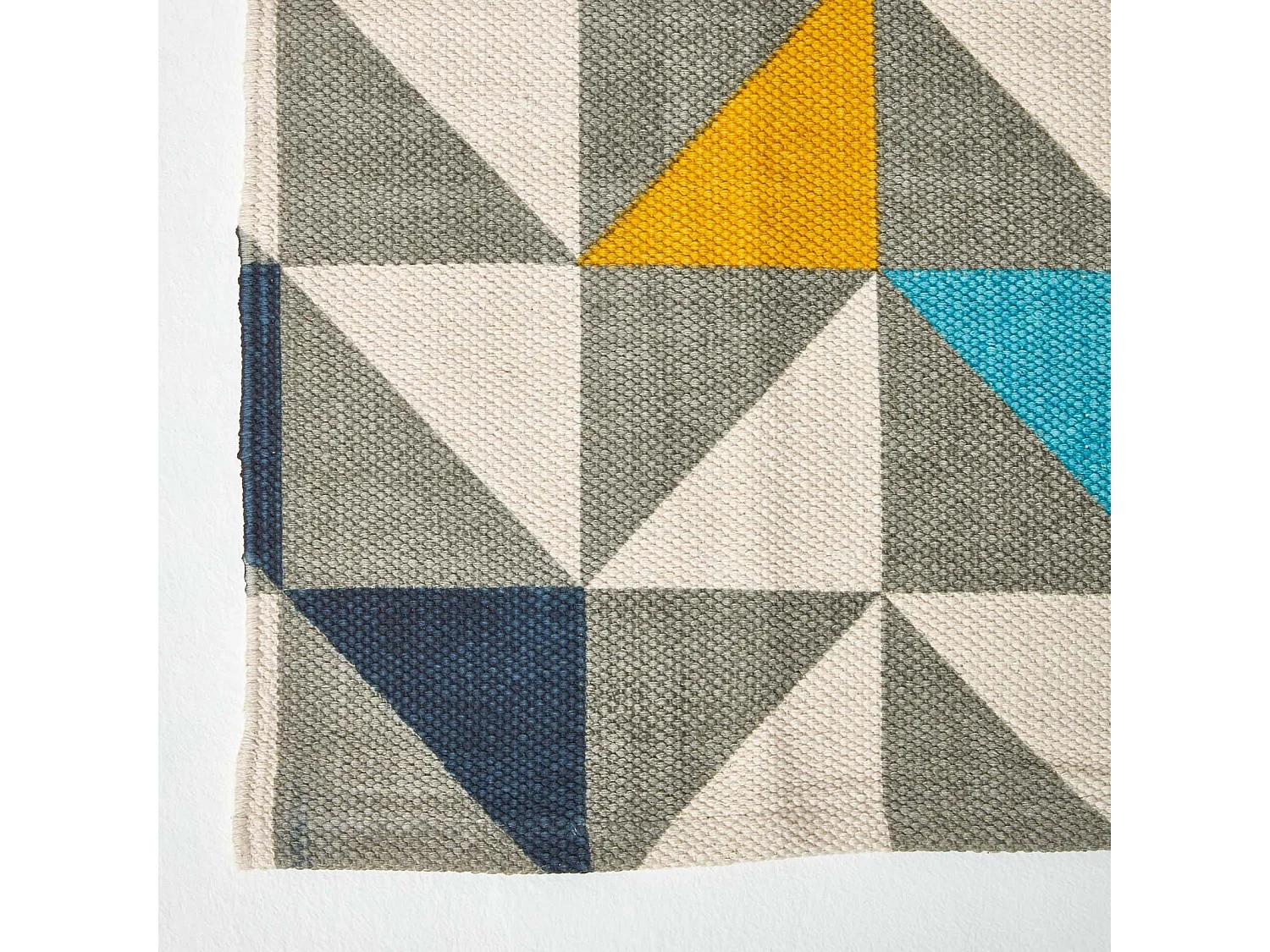 Homescapes Copenhagen Blue, Yellow and Grey 100% Cotton Geometric Style Scandi Printed Rug, 90 x 150 cm
