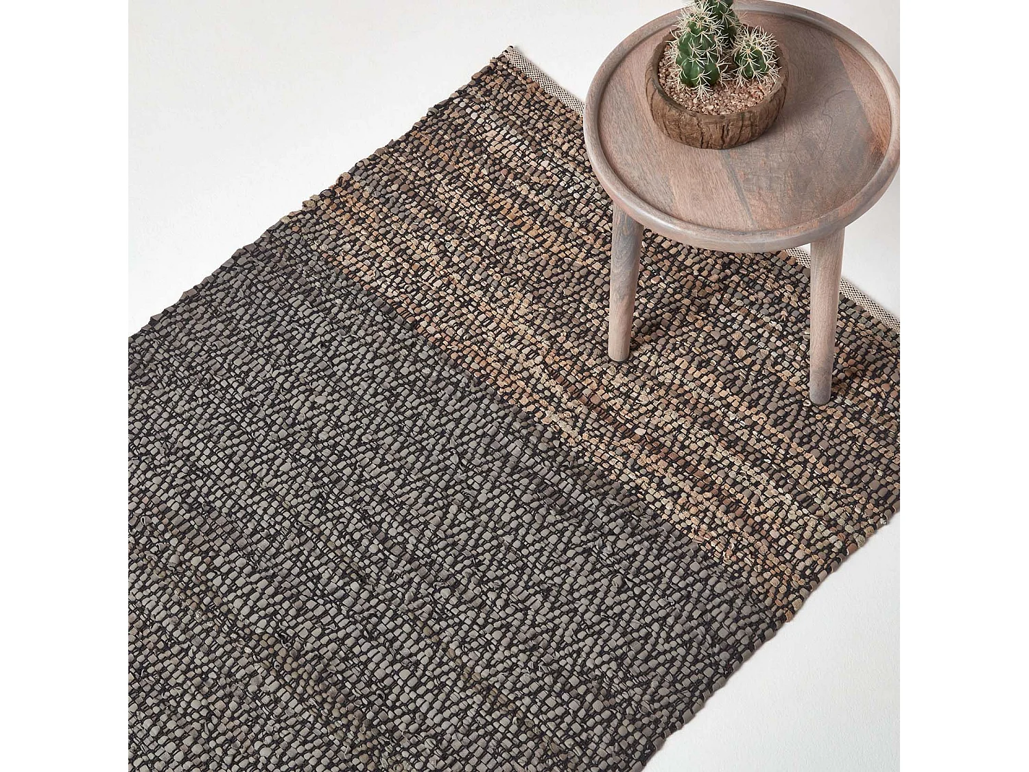 Homescapes Grey Recycled Leather Handwoven Herringbone Rug, 120 x 180 cm