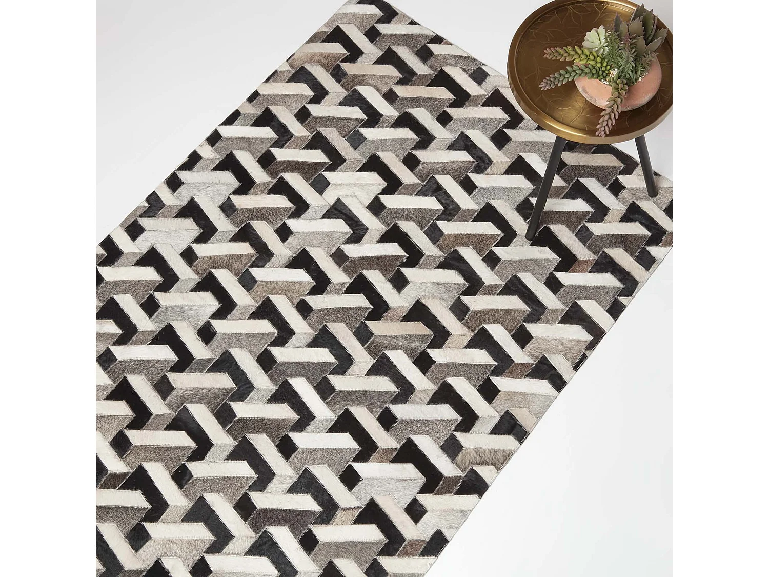 Homescapes Grey & Black Geometric Leather Rug, 90 x 150 cm