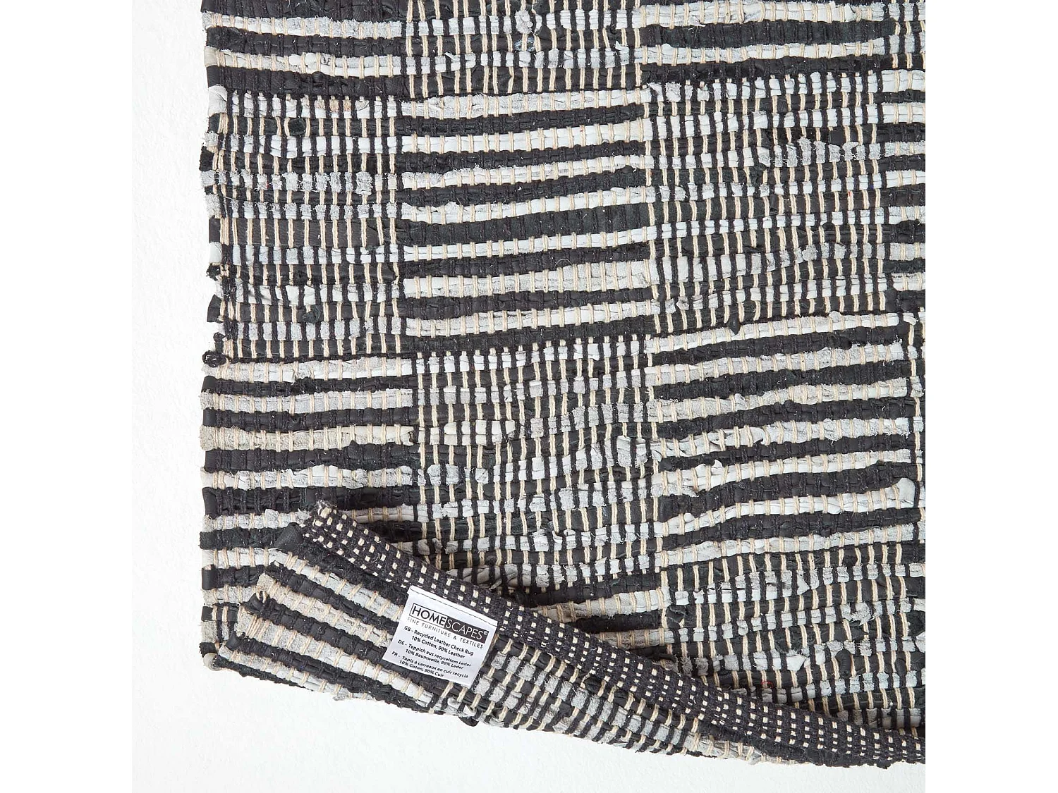 Homescapes Black & White Real Leather Handwoven Striped Block Check Rug, 120 x 180 cm