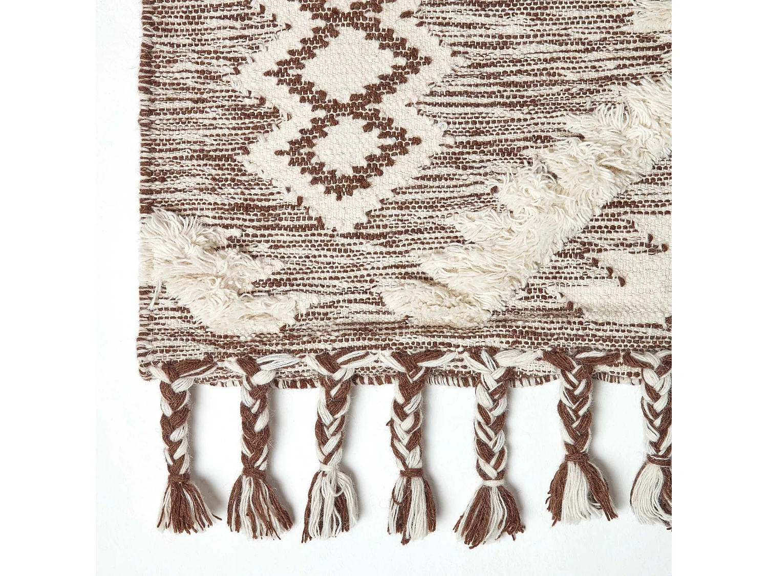 Homescapes Lhasa Handwoven Brown and Cream Textured Diamond Pattern Kilim Wool Rug, 160 x 230 cm