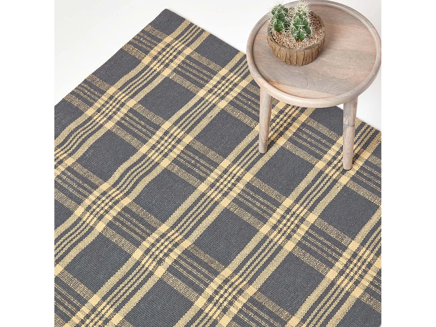 Homescapes Douglas Grey and Yellow Tartan Check Non-Slip 100% Wool Rug, 70 x 120 cm
