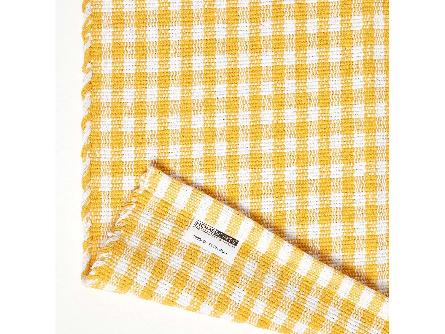 Homescapes Cotton Gingham Check Rug Hand Woven Yellow White, 70 x 120 cm