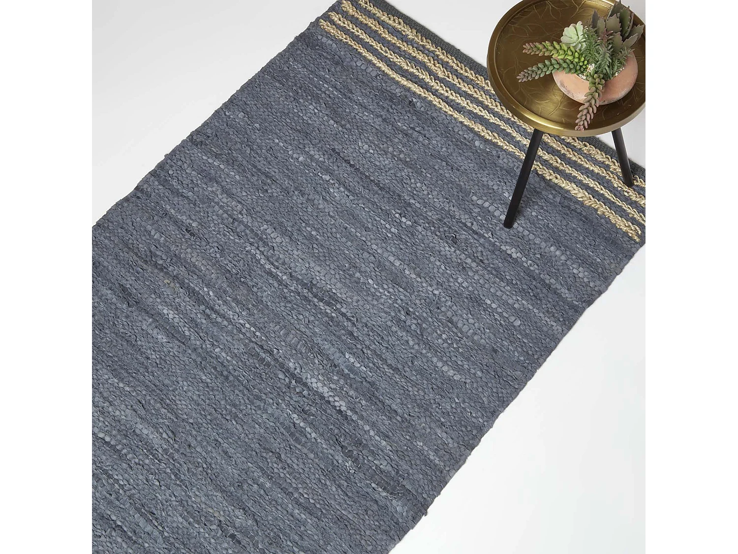 Homescapes Grey Recycled Leather Handwoven Stripe Rug, 160 x 230 cm