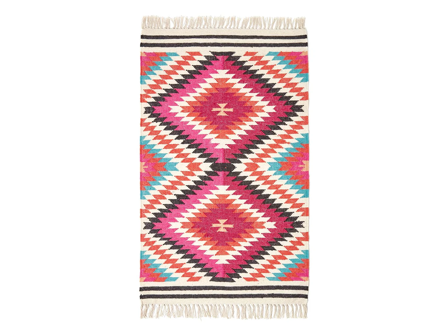 Homescapes Manila Handwoven Pink, Orange and White Multi Coloured Diamond Patterned Kilim Wool Rug, 120 x 170 cm